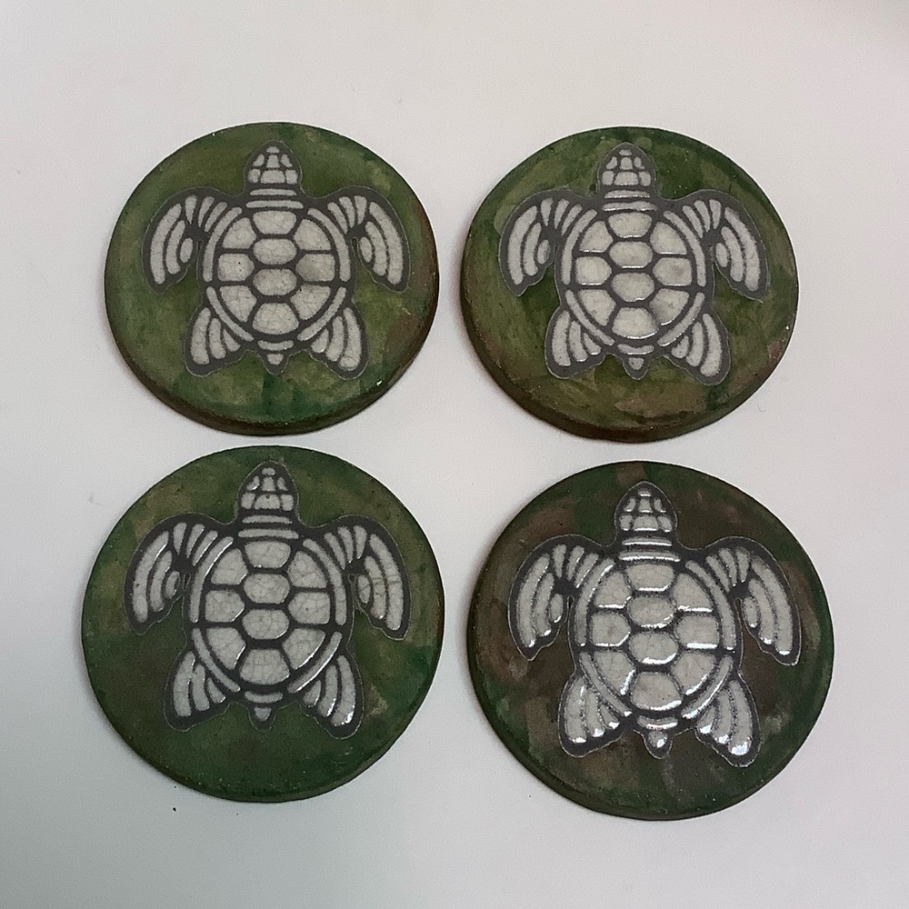 Raku Pottery Sea Turtle Drink Coasters By Javier Gaytan